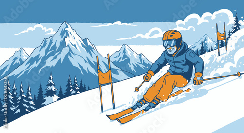Cartoon Skier Slalom Racing Down Mountain Vector Winter Sport Scene