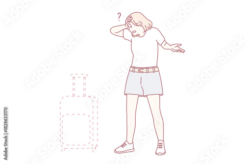 Stressed young woman frustrated with baggage loss in airport. Unhappy distressed female confused with lost suitcase. Vector illustration.
