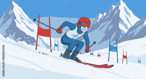 Stylized Skier Racing Downhill in Slalom Cartoon Illustration