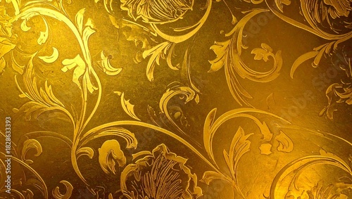A golden floral pattern with intricate designs and swirls creating a luxurious and elegant background look