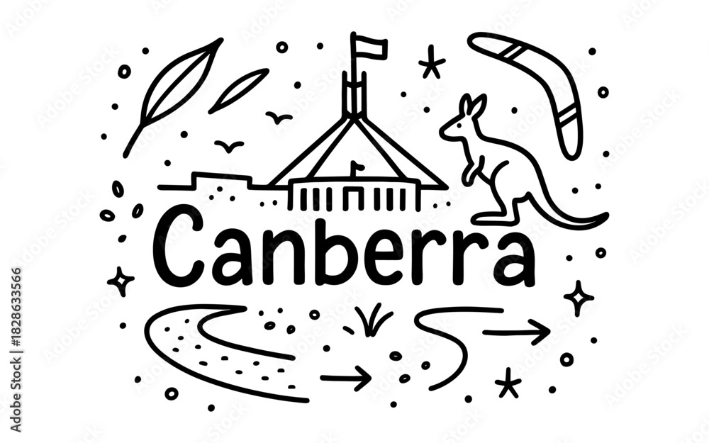 Fototapeta premium Black and white canberra doodle with landmarks and australian symbols