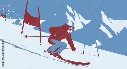 Stylish Alpine Skiing Illustration in Red and Blue