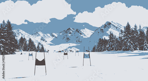 Winter Alpine Skiing Course Illustration in Mountain Landscape