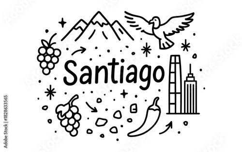 Santiago landmarks and symbols in minimalist line art style