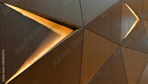 Abstract geometric wall with triangular panels and recessed lighting creating a modern design look
