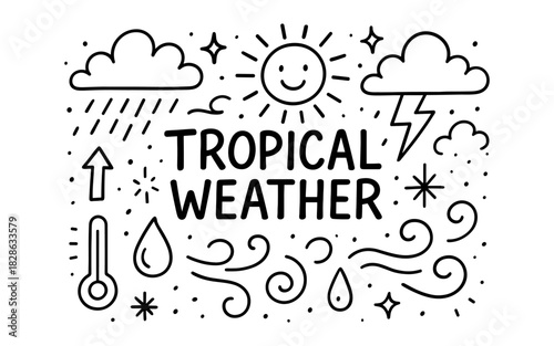 Tropical weather doodle: sun, clouds, rain, and wind in outline style
