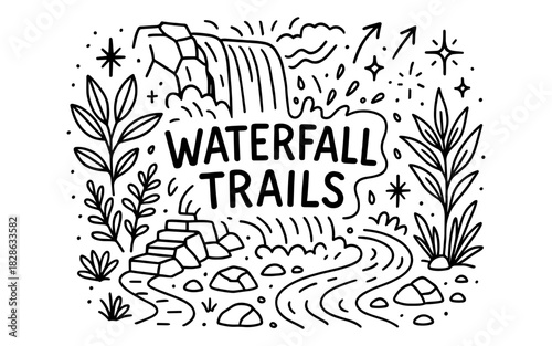 Black and white doodle of waterfall trails with nature elements and lettering