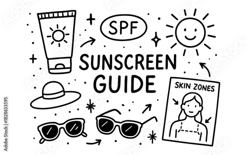 Sunscreen guide doodle with protective accessories and skin zones chart