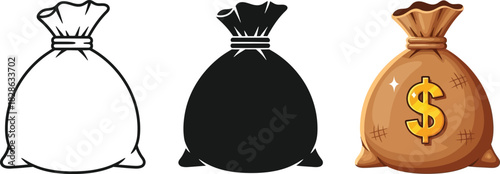 Set of money bag icons vector illustration in different styles isolated on white background