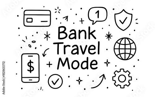 Doodle style financial travel icons with payment and security symbols