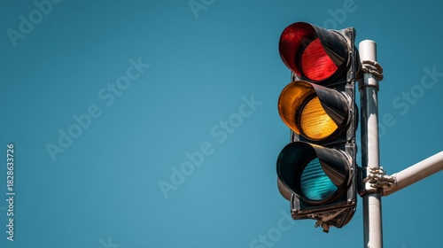 Traffic Signal with Red, Yellow, and Green Lights Against a Clear Blue Sky on a Bright Day Highlighting Road Safety and Urban Infrastructure