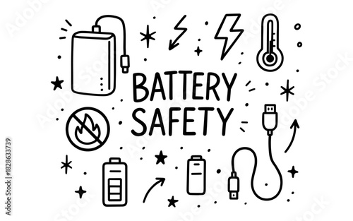 Battery safety tips with doodle style icons