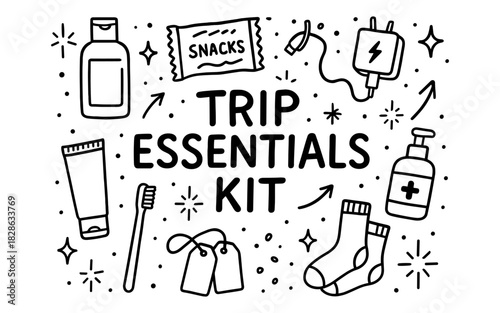 Travel essentials: hand drawn packing checklist with toiletries, snacks, and gadgets