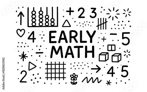 Early math concepts: playful black and white design with numbers and symbols