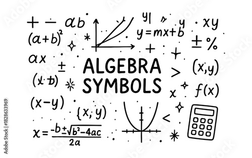 Hand-drawn algebra symbols with mathematical expressions and calculator