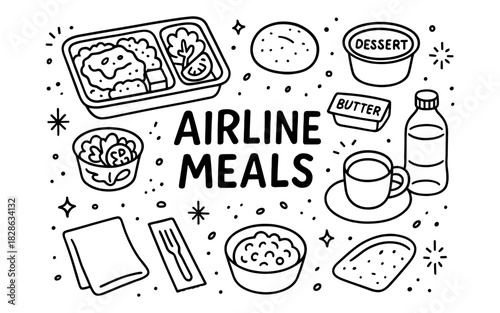 Airline meal doodles: black and white fun sketch of inflight dining essentials