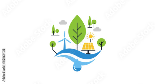 Modern renewable energy design featuring solar, wind, water, and trees symbolizing sustainability and environmental awareness for eco-friendly initiatives