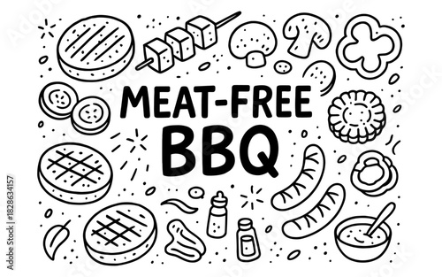 Meat free bbq doodle art with grilled vegetables and sauces in black and white