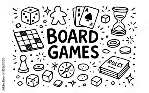 Doodle style board games elements with dice, cards, and tokens