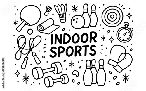 Indoor sports doodle art: illustrated icons of table tennis, badminton, and bowling