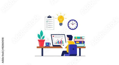 Modern workspace showing a person working with data, charts, and checklists for business success and creative ideas in a productive environment