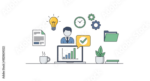 Modern business growth analysis on laptop screen with checkmark bubble, perfect for illustrating success, planning, and financial strategy, originally vector