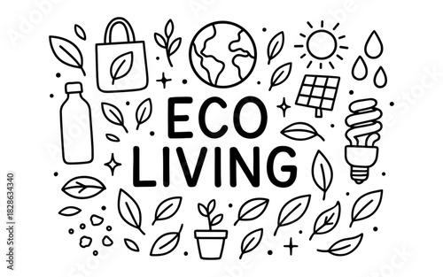 Eco living doodle with recycled products and sustainable icons