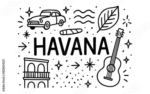 Black and white havana doodle with guitar and classic car elements