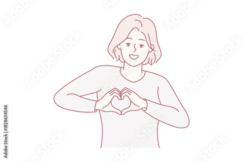Smiling young woman show heart hand gesture at heart share care and affection. Happy girl demonstrate gratitude. Charity concept. Vector illustration.