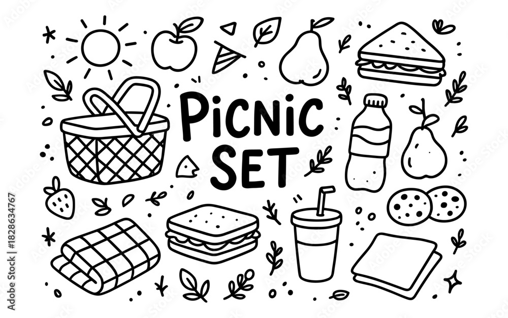 Naklejka premium Hand drawn picnic elements with food and drink icons in doodle style