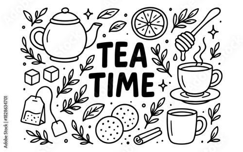 Tea time doodle art with teapot, cup, and honey in black and white