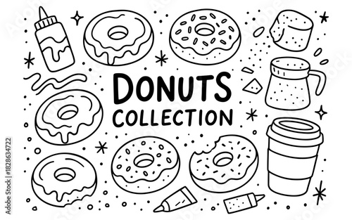 Hand drawn donut collection with coffee and topping doodles