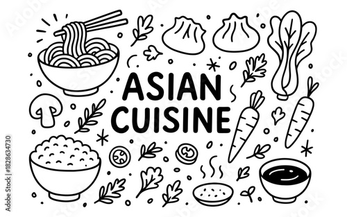 Asian cuisine elements in outline style featuring traditional dishes and ingredients