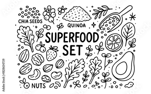 Hand drawn superfood ingredients set with nuts, seeds, and fruits