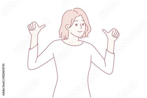 Warm welcoming gesture, Cheerful person with open hand greets guests warmly in relaxed environment, Smiling woman extends friendly hand to warmly greet others in casual atmosphere