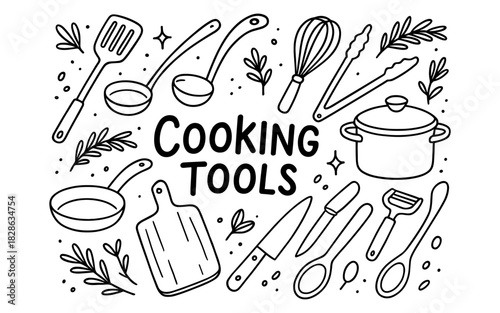 Essential kitchen tools in hand drawn doodle style for culinary enthusiasts