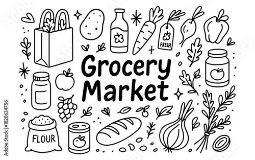 Hand drawn grocery market elements with food and fresh produce