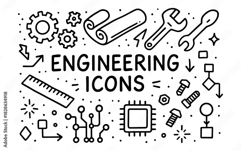 Fototapeta premium Hand drawn engineering icons set with tools and circuit symbols
