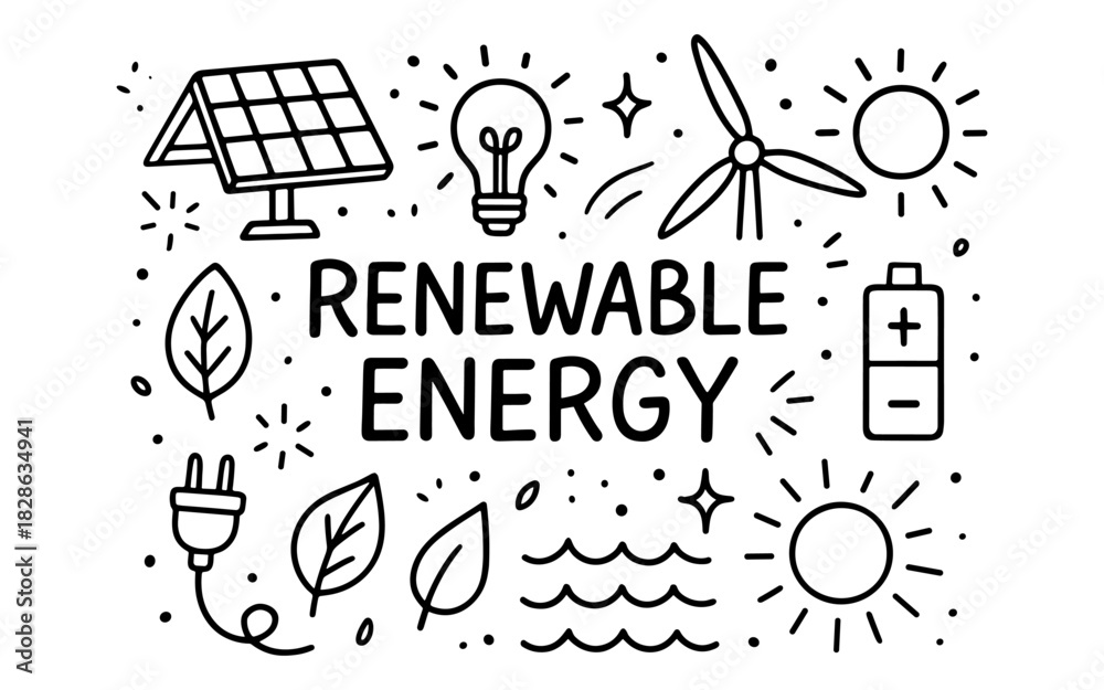 Obraz premium Hand-drawn renewable energy icons featuring solar, wind, and eco-friendly symbols