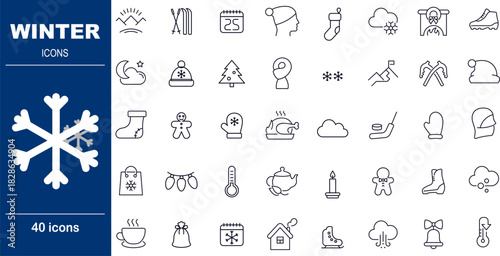 Winter and Cold Weather Vector Icons. Set of 40 editable stroke symbols for seasonal activities, holidays, and snow sports. Includes snowflake, mittens, and Christmas tree