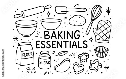 Hand-drawn baking essentials with kitchen tools and ingredients in black and white