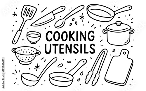 Hand drawn cooking tools collection with black and white kitchen utensils