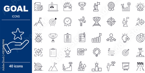 Goal Setting and Achievement Vector Icons. Set of 40 editable stroke symbols for targets, success, and planning. Includes stars, trophies, and progress charts