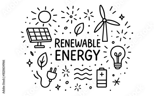 Renewable energy icons: solar, wind, and eco elements in linear style