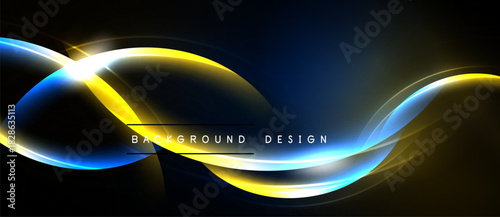 Abstract design features flowing lines, vibrant blue, yellow hues. Dark background emphasizes bright curves, creating dynamic visual effect.