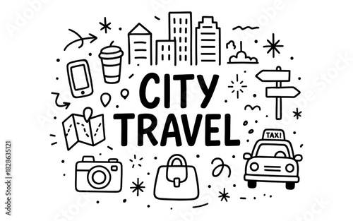 Urban exploration doodle with city icons and travel elements