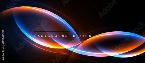 Abstract neon lines create dynamic curves. Vibrant orange, blue, pink hues contrast dark background. Modern design element.