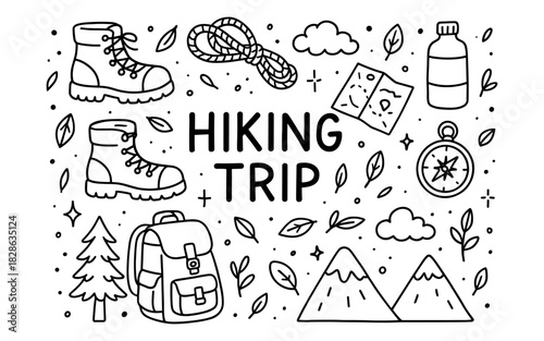 Hand drawn hiking adventure elements with doodle style backpack and boots