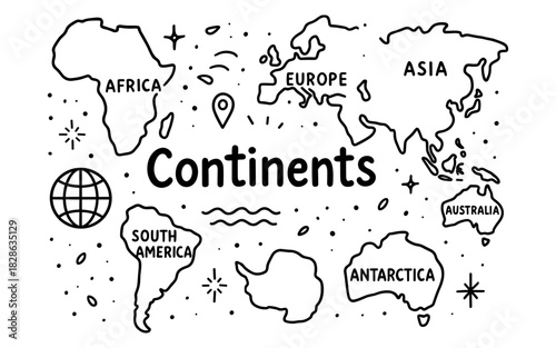 Simple hand-drawn world continents map with doodle elements