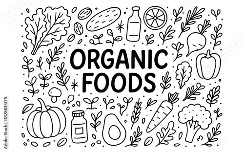 Organic foods doodle with vegetables and fruits in black and white line art